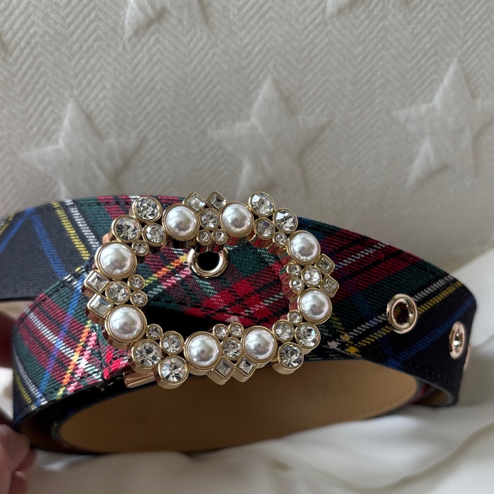 Talbots Tartan Belt with Pearl and Crystal Buckle XL Plaid Holidays